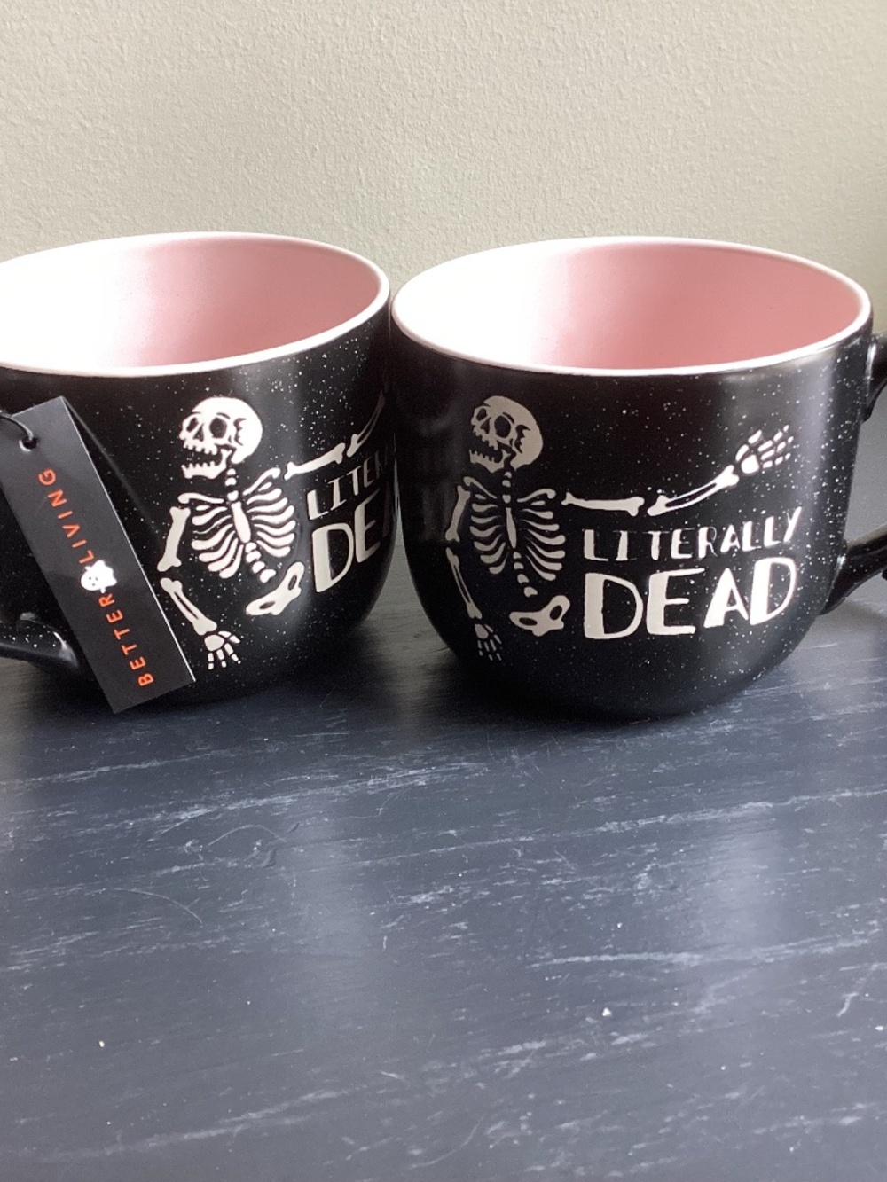 NWT Set of 2 Better Living “Literally Dead” Black n White Specks 18oz Coffee Mug